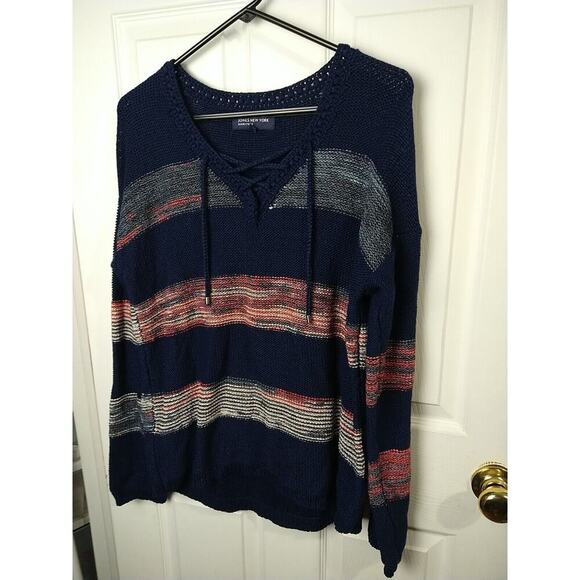 Jones New York Woman L Sweater V Neck Blue Red Striped V Neck Long Sleeve... - Picture 2 of 9
